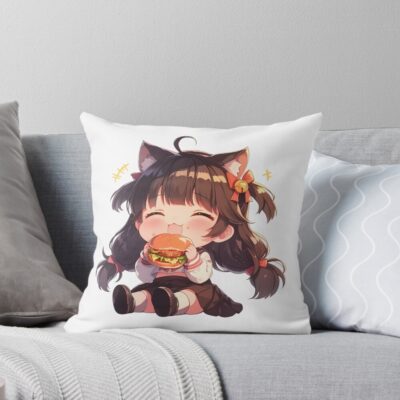 Takao Azur Lane Chibi Burger Focus Throw Pillow